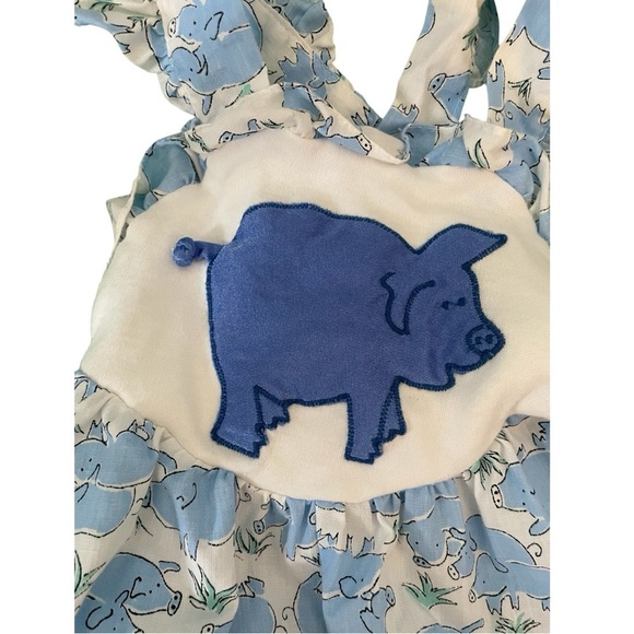 Vintage Brights Creek Blue Pig Print Baby Farm Outfit Romper- Size 12M 🐷 💙 - Picture 2 of 6